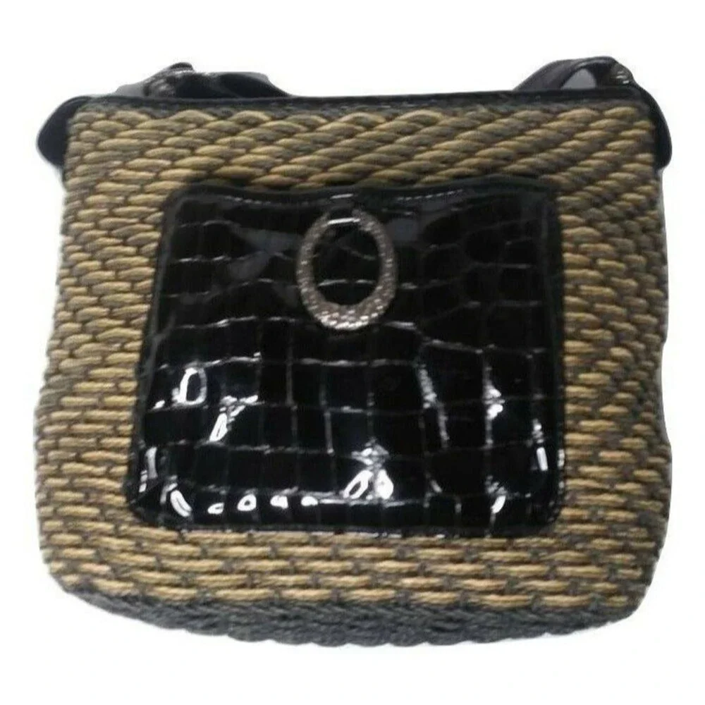Vintage Brighton Straw Hobo Shoulder Bag Leather Trim Beige & Brown Purse